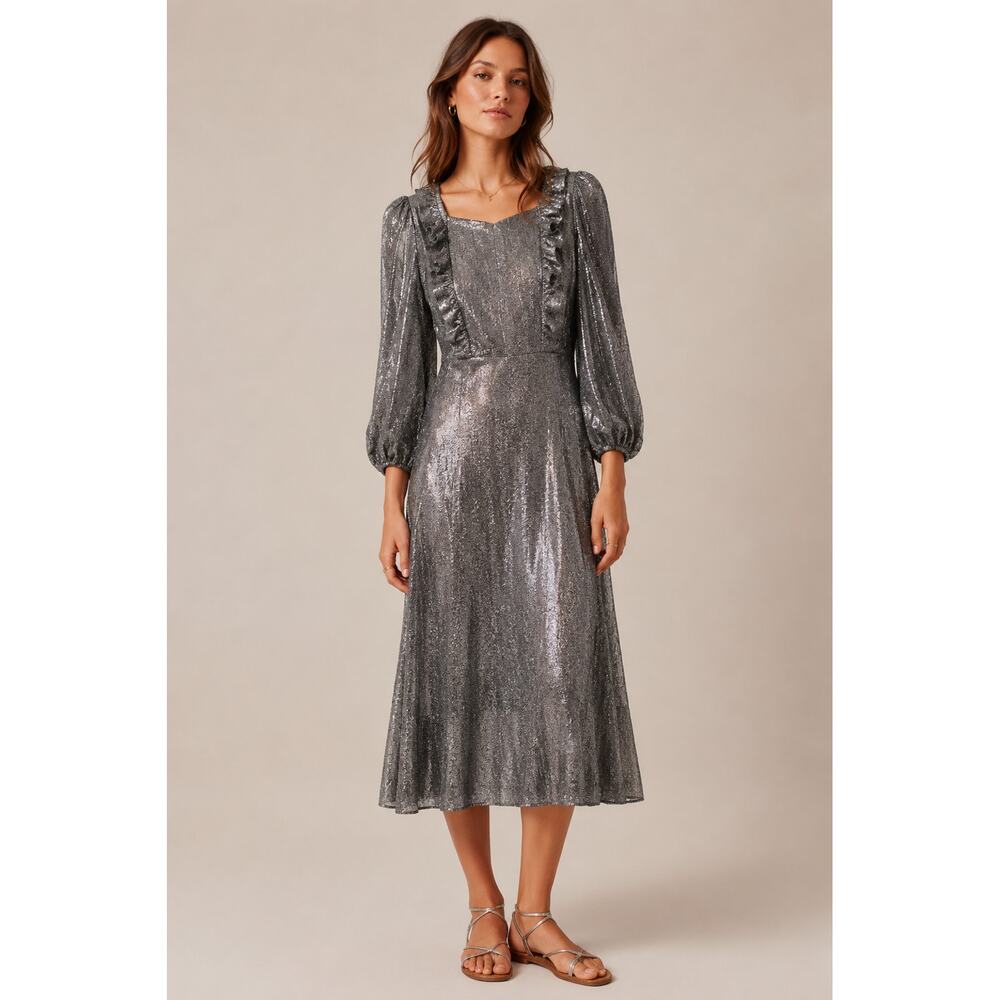 Vintage 70s Metallic Prairie Midi Dress 8 Cottagecore Long Balloon Sleeve SILVER